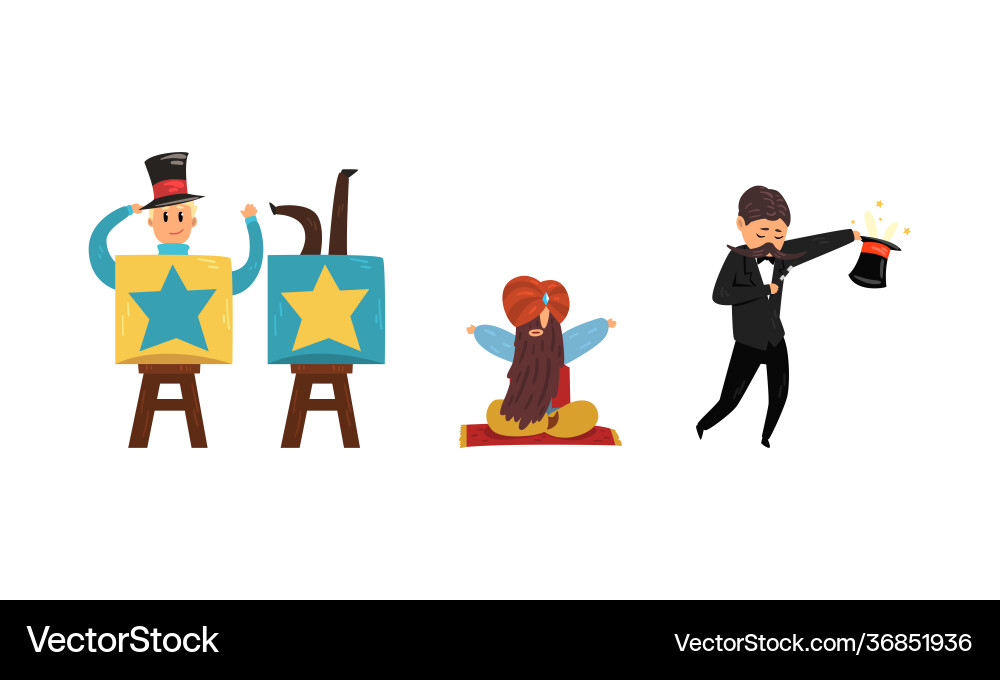Man magician showing tricks and focuses Vector Image