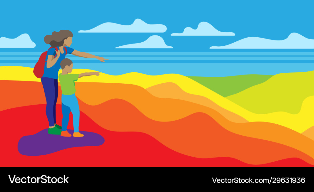 Mom with little son on top mountain Mom with little son on top mountain vector image