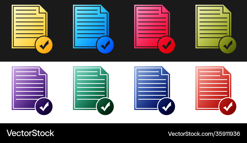 Set document and check mark icon isolated on black Set document and check mark icon isolated on black Vector Image
