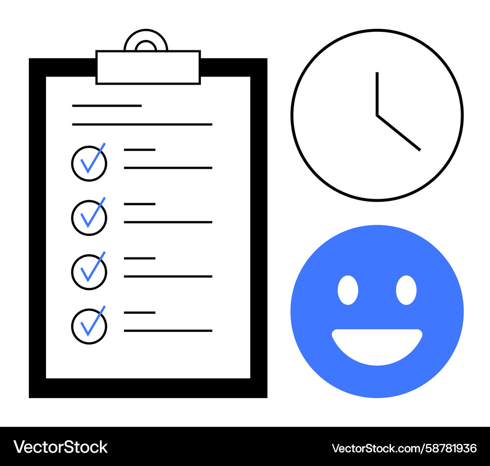Task management checklist with clock and happy Task management checklist with clock and happy Vector Image