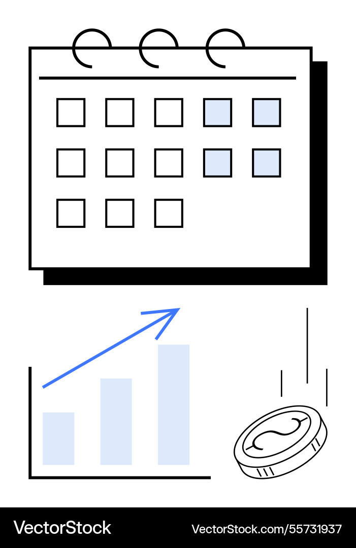 Calendar with bar graph and coin representing Calendar with bar graph and coin representing vector image