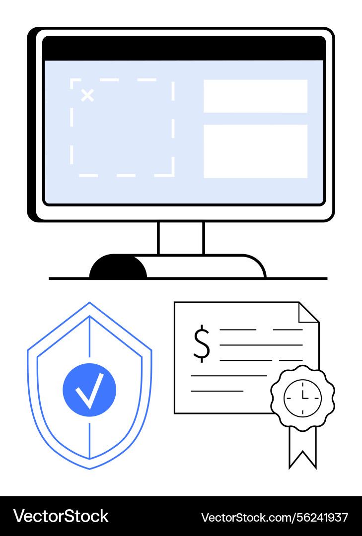 Computer screen with shield certificate Computer screen with shield certificate vector image