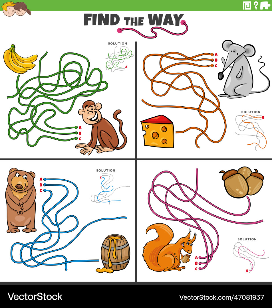 Find the way maze game with cartoon animal vector image