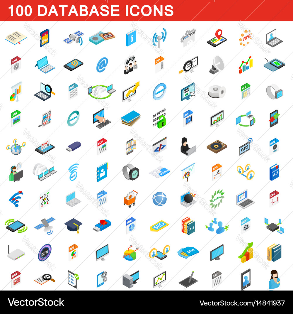 Isometric Database Icon Set - 100 Icons Vector Image