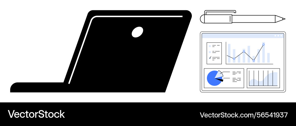 Laptop with data dashboard and pen symbolizing Laptop with data dashboard and pen symbolizing vector image