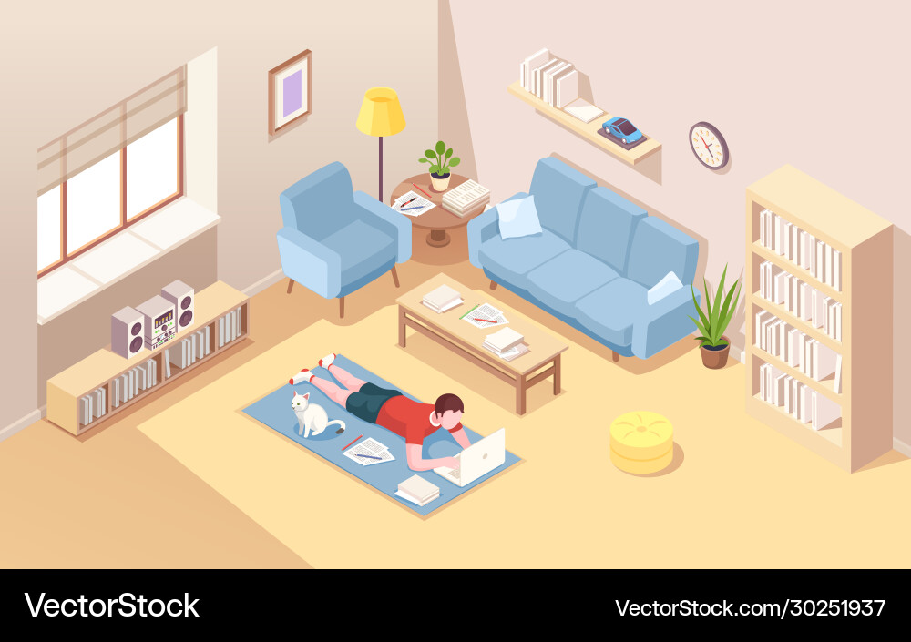 Man lying on floor doing remote work at laptop Man lying on floor doing remote work at laptop vector image