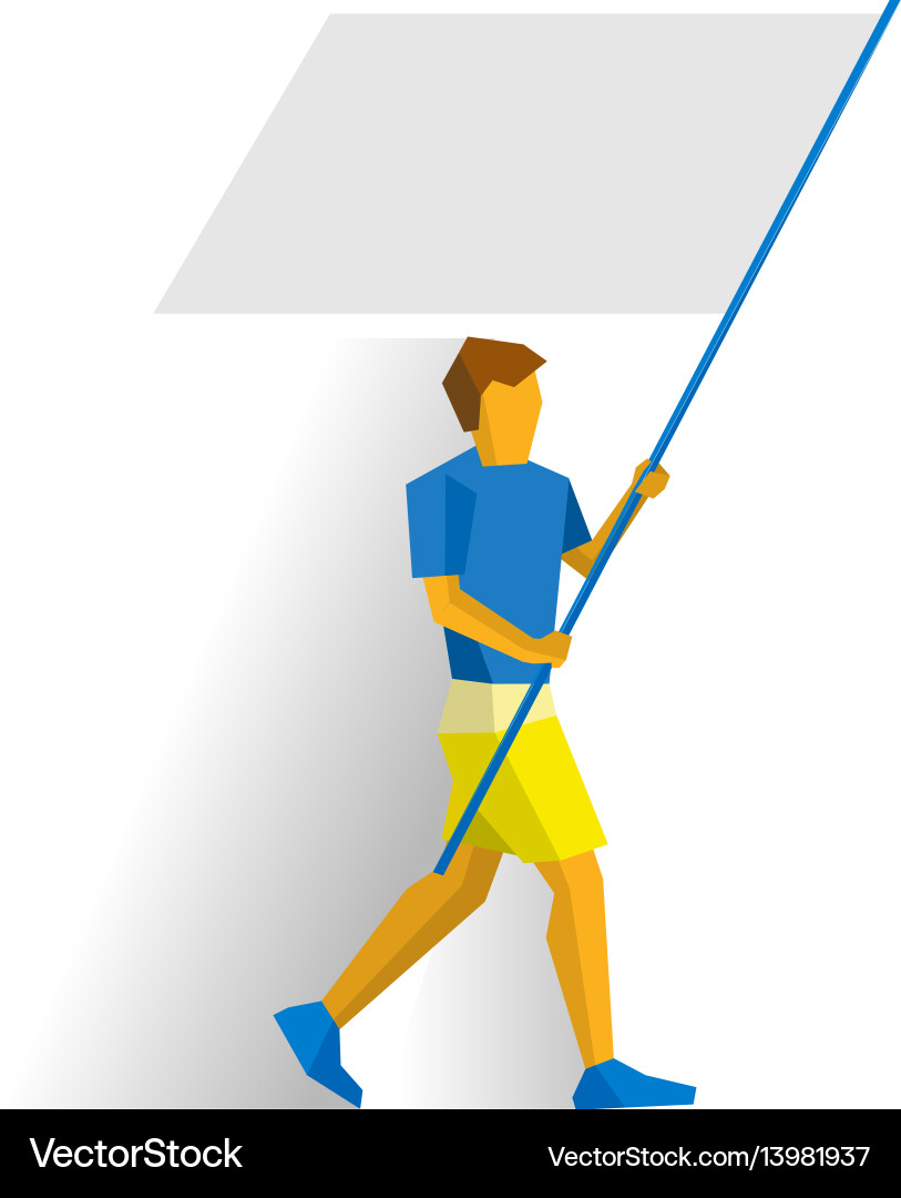 Man with blank standard in two hands flag bearer Vector Image