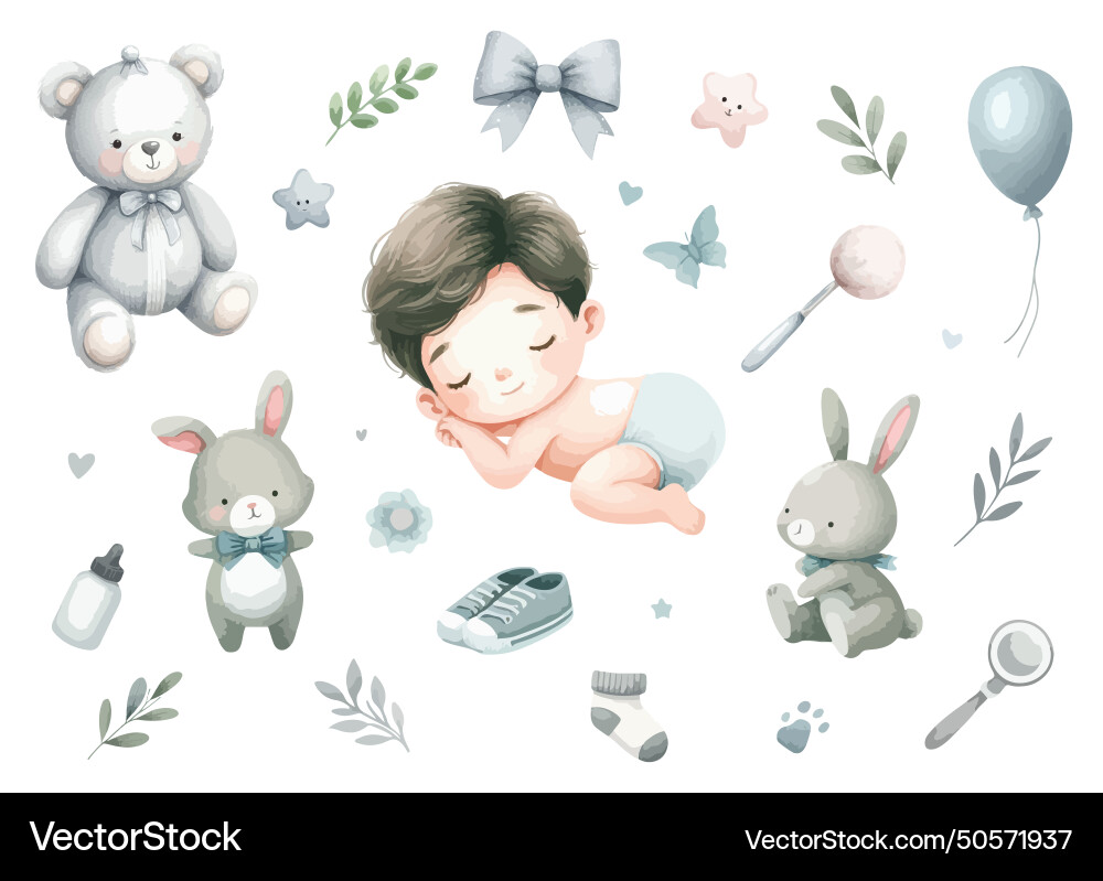 Set of cute watercolor baby shower cards clipart Set of cute watercolor baby shower cards clipart vector image
