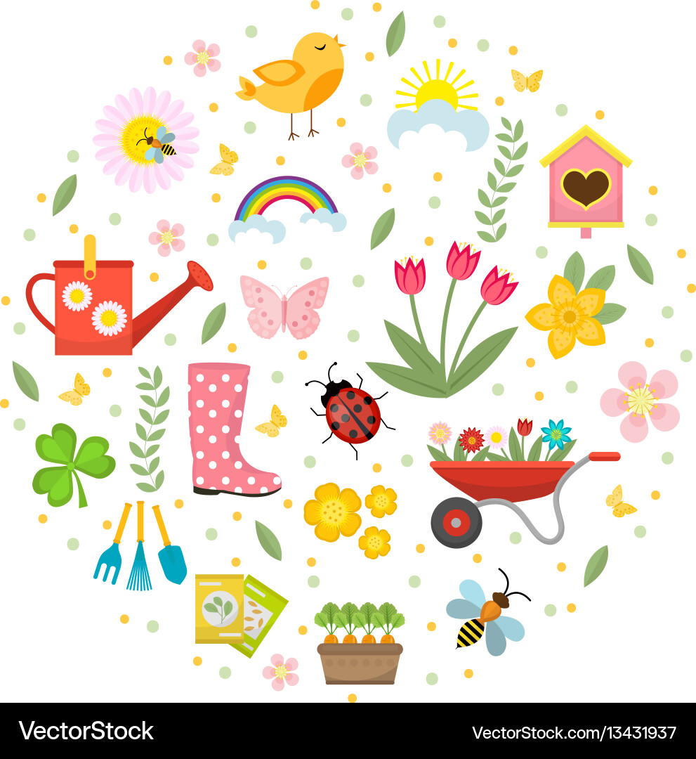 Spring icons set in round shape flat style Spring icons set in round shape flat style vector image