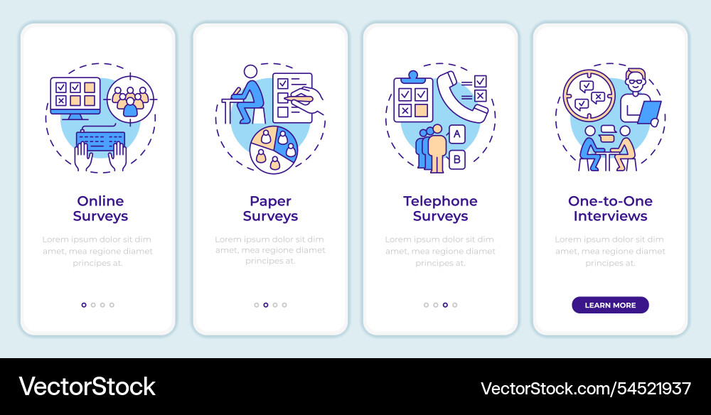 Survey types onboarding mobile app screen Survey types onboarding mobile app screen vector image
