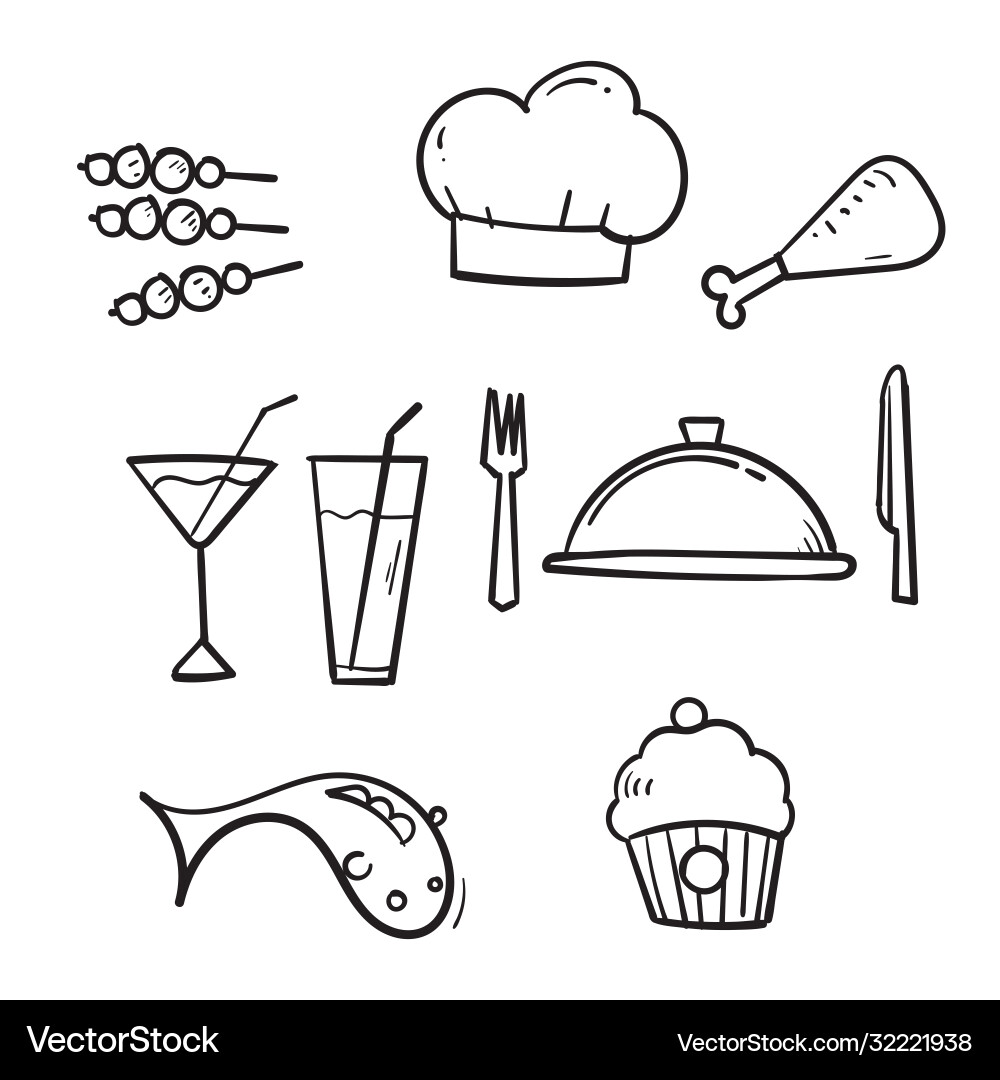 Hand drawn food and drinks icon restaurant line Hand drawn food and drinks icon restaurant line vector image