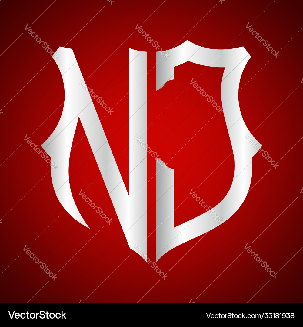Initials n j shield shape with silver color Vector Image