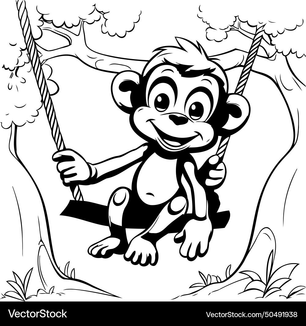 Monkey swinging on a swing black and white Vector Image