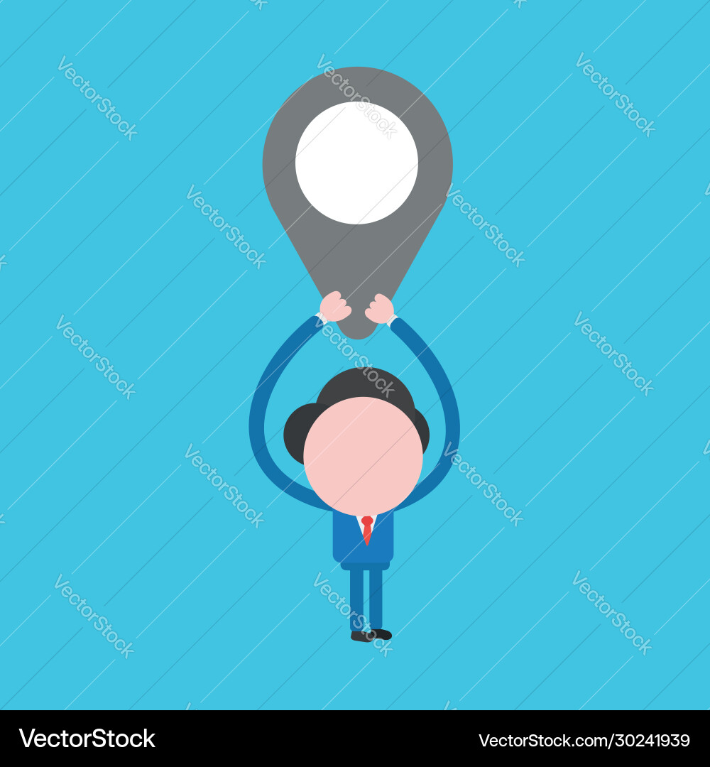Businessman character holding up map pointer Businessman character holding up map pointer vector image