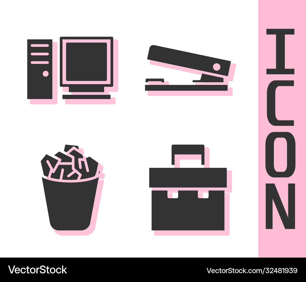 Set briefcase computer monitor full trash can Set briefcase computer monitor full trash can vector image