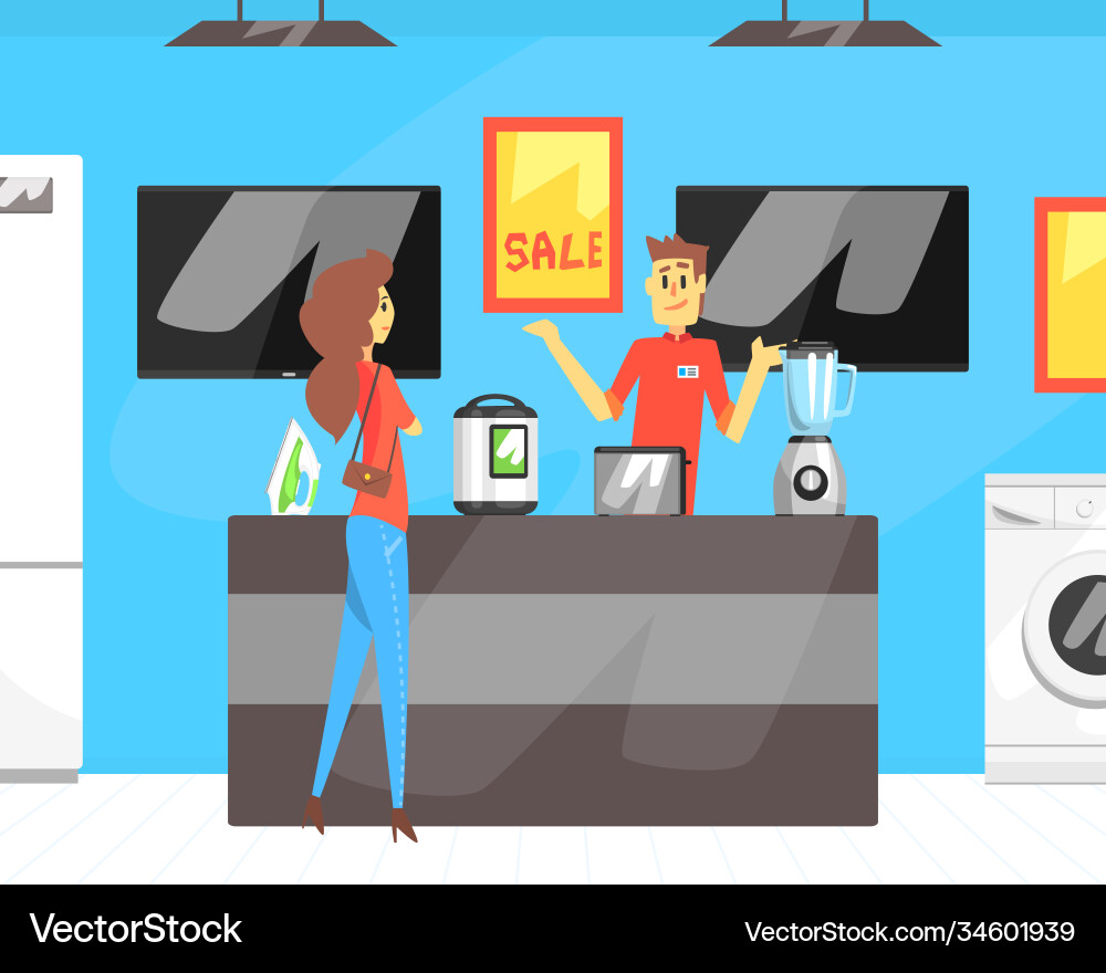 Woman talking to shop assistant at household Woman talking to shop assistant at household vector image