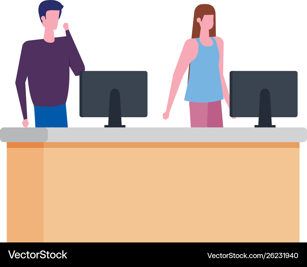 Couple working in desk with computers Couple working in desk with computers vector image