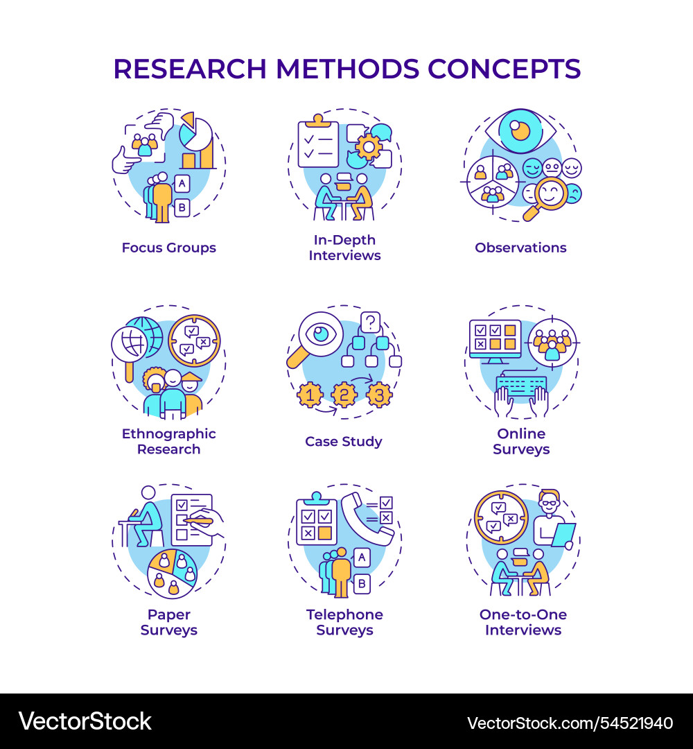 Research methods multi color concept icons Research methods multi color concept icons vector image
