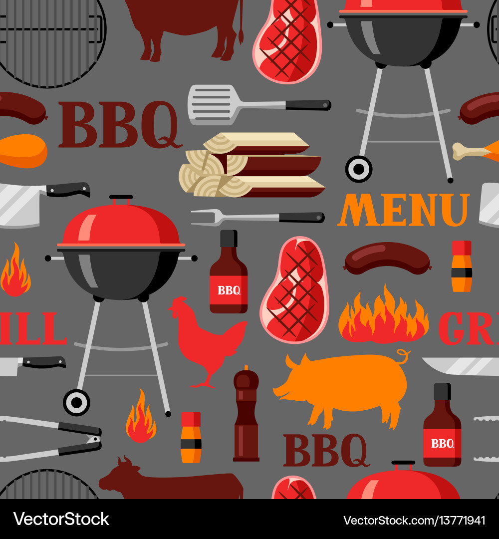 Bbq seamless pattern with grill objects and icons Bbq seamless pattern with grill objects and icons vector image