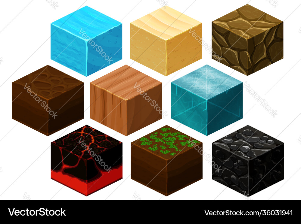 Isometric 3d cube textures set for computer games Isometric 3d cube textures set for computer games vector image