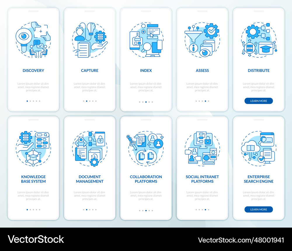 Walkthrough knowledge management with line icons Walkthrough knowledge management with line icons vector image