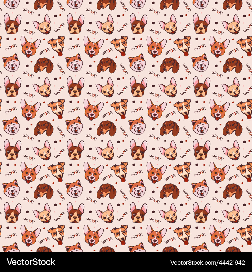 Cartoon pattern with dog heads and woof text Vector Image