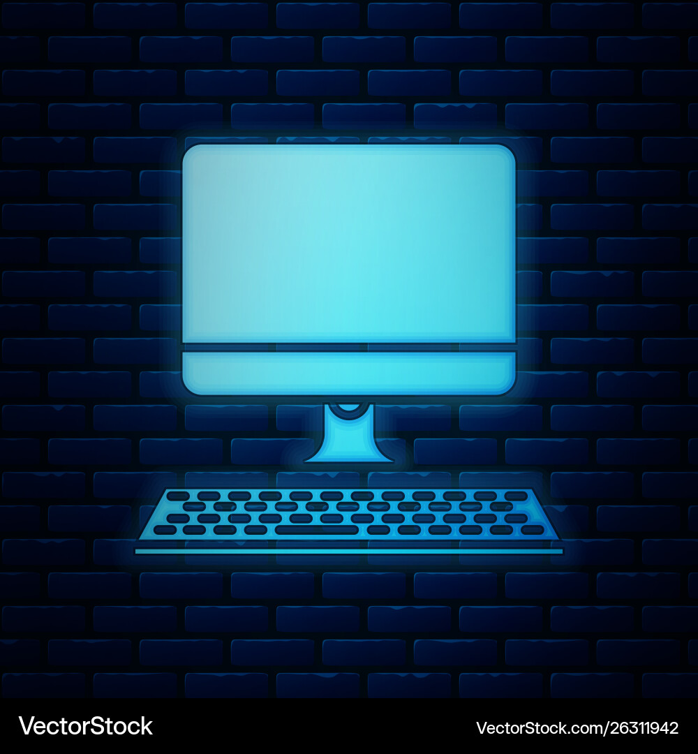 Glowing neon computer monitor with keyboard icon Glowing neon computer monitor with keyboard icon vector image