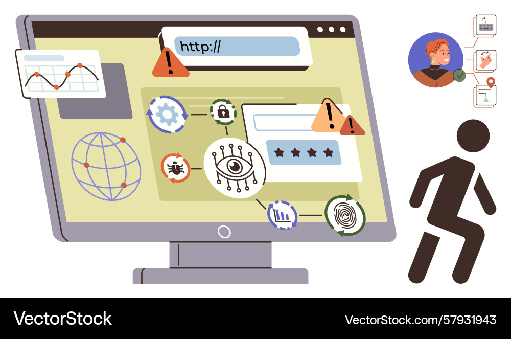 Cybersecurity alert on computer screen highlights Vector Image