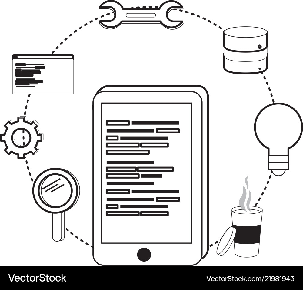 Outline smartphone programming code and industry vector image
