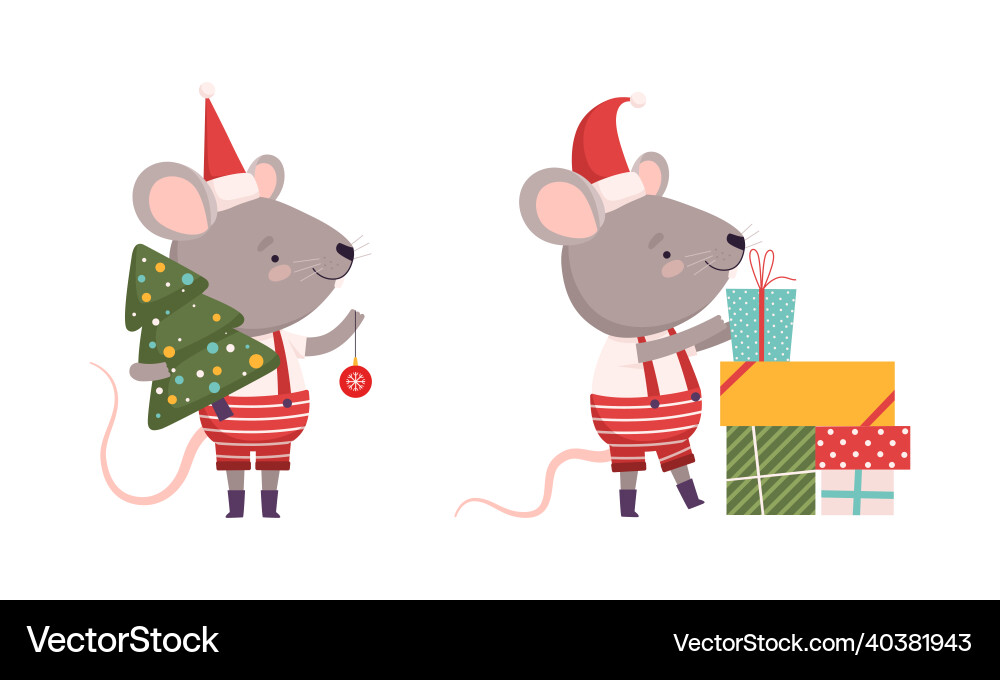 Süße graue Maus in Weihnachten Santa Hut halten Süße graue Maus in Weihnachten Santa Hut halten vektorbild