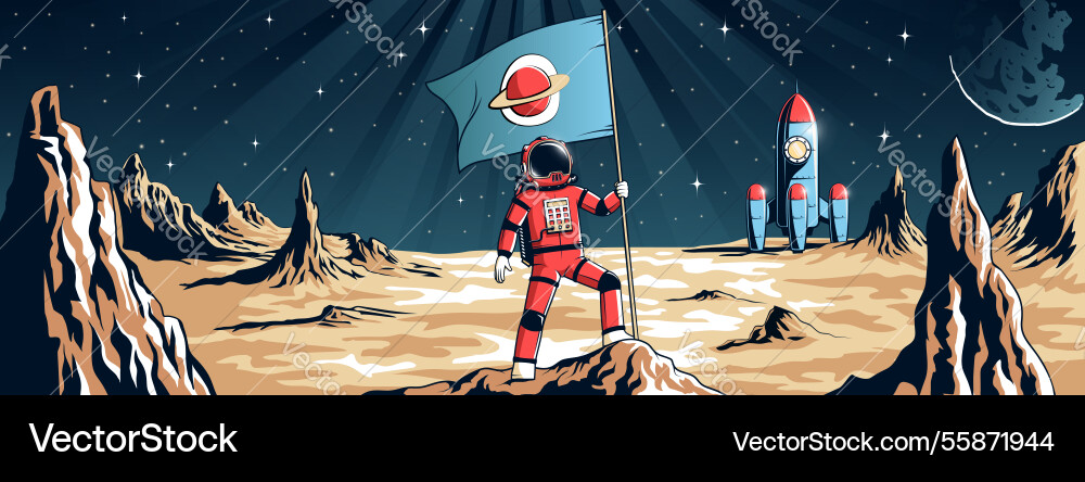 Astronaut in spacesuit stands on an alien terrain Astronaut in spacesuit stands on an alien terrain vector image