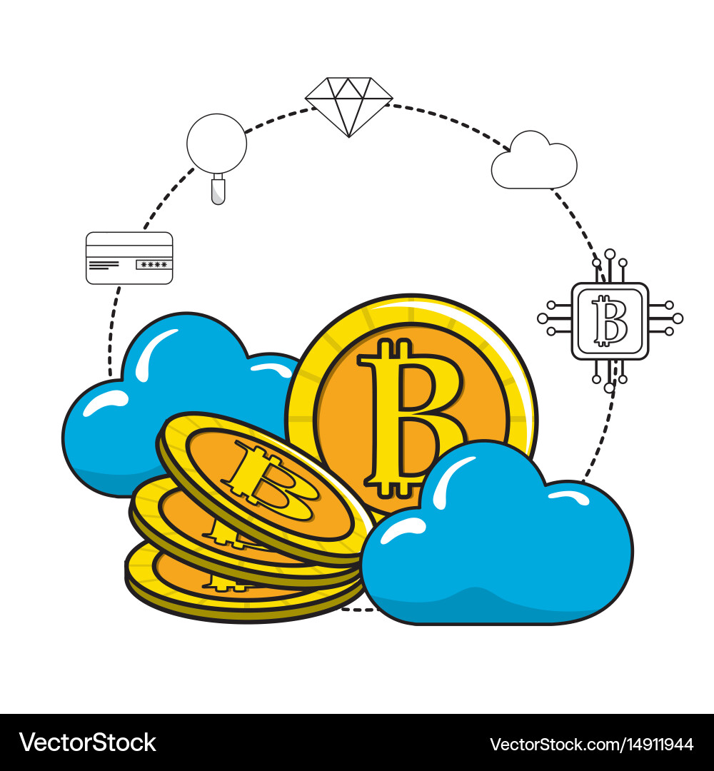Cloud data and bitcoin with icons around vector image