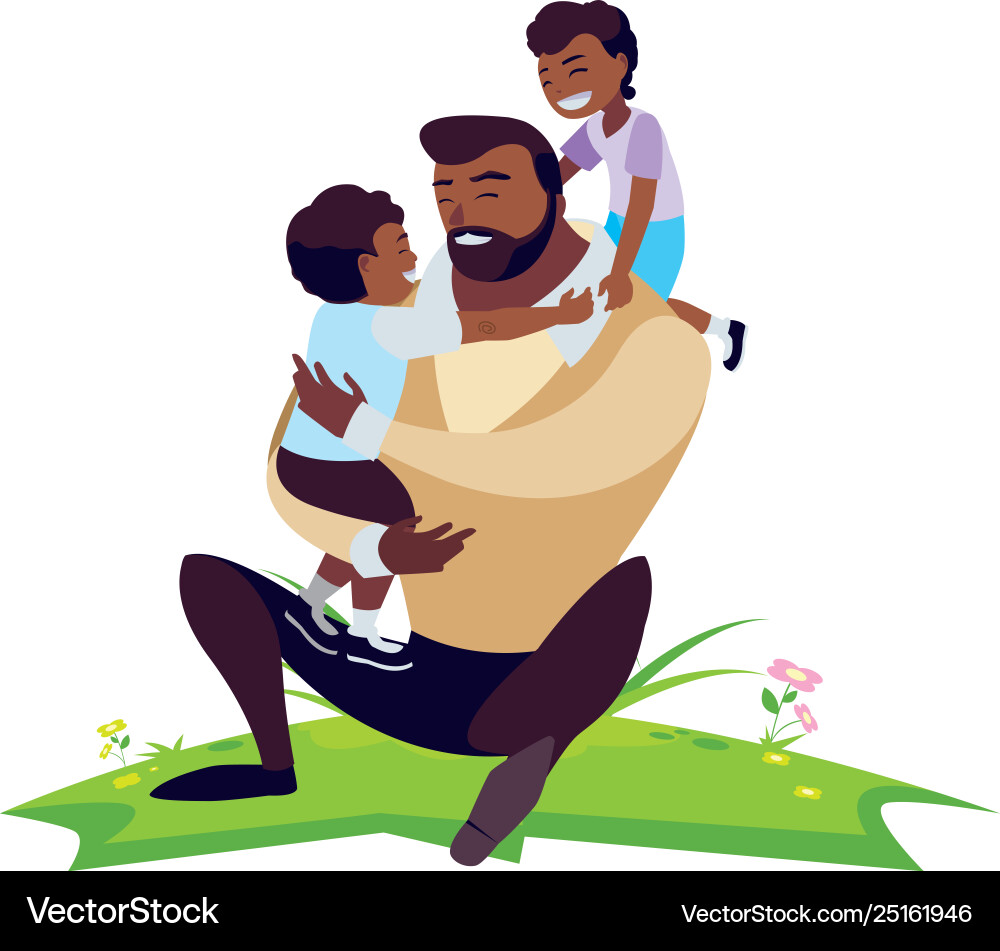 Afro father with sons characters in field Vector Image