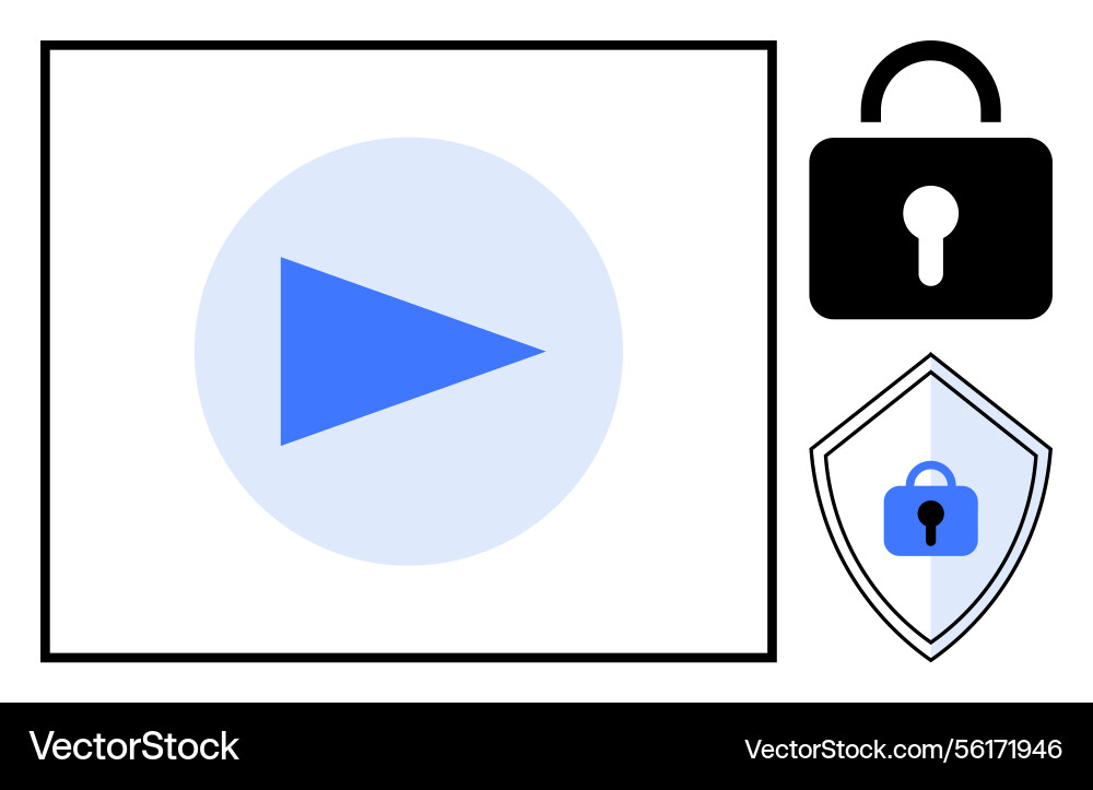 Blue play button with security lock and shield Blue play button with security lock and shield vector image
