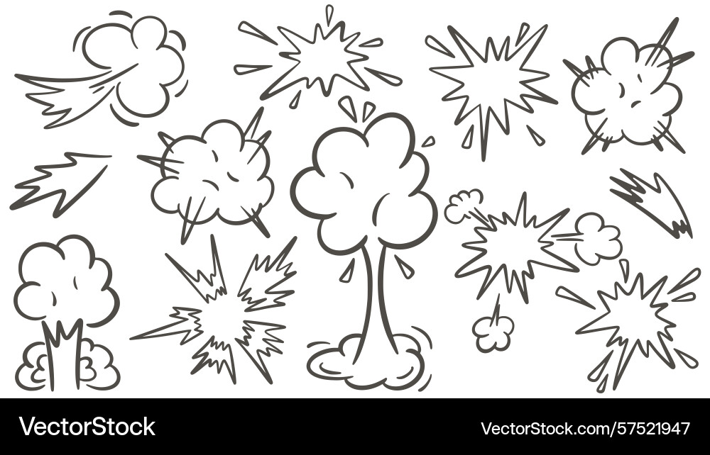 Explosion clouds and flashes with sparks set bomb Explosion clouds and flashes with sparks set bomb Vector Image