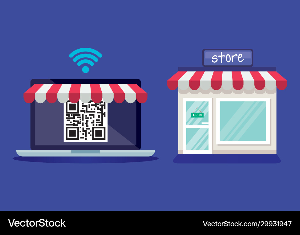 Qr code inside laptop and store design vector image