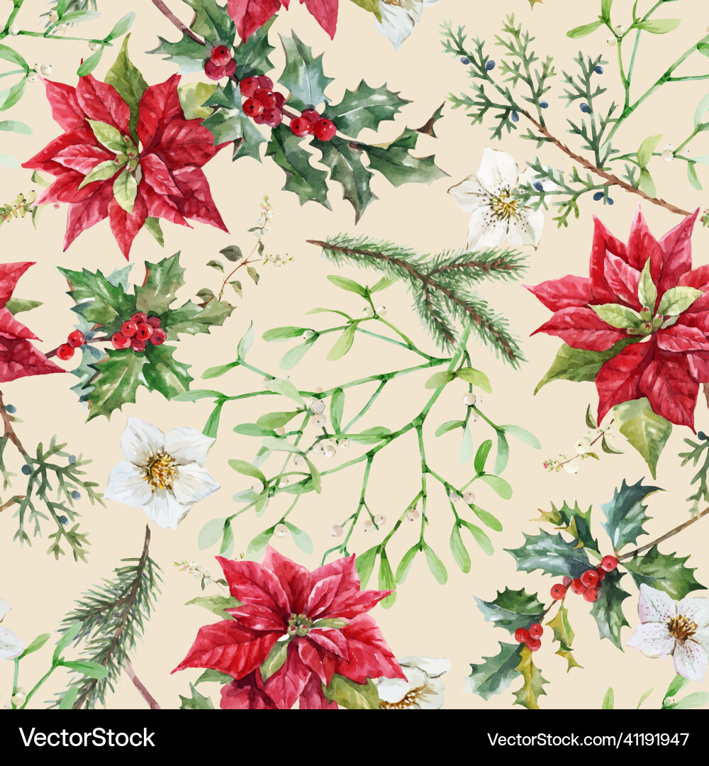 Watercolor Christmas Floral Pattern vector image
