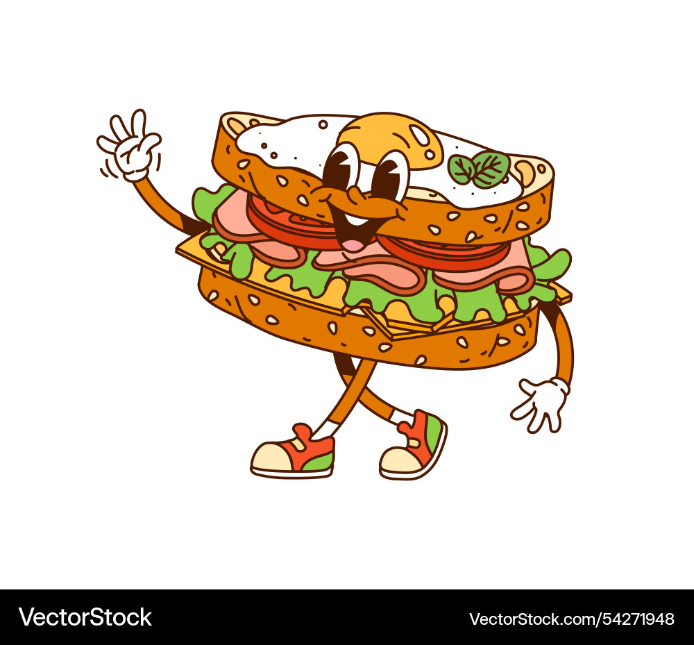 Cartoon groovy egg sandwich fast food character Cartoon groovy egg sandwich fast food character vector image