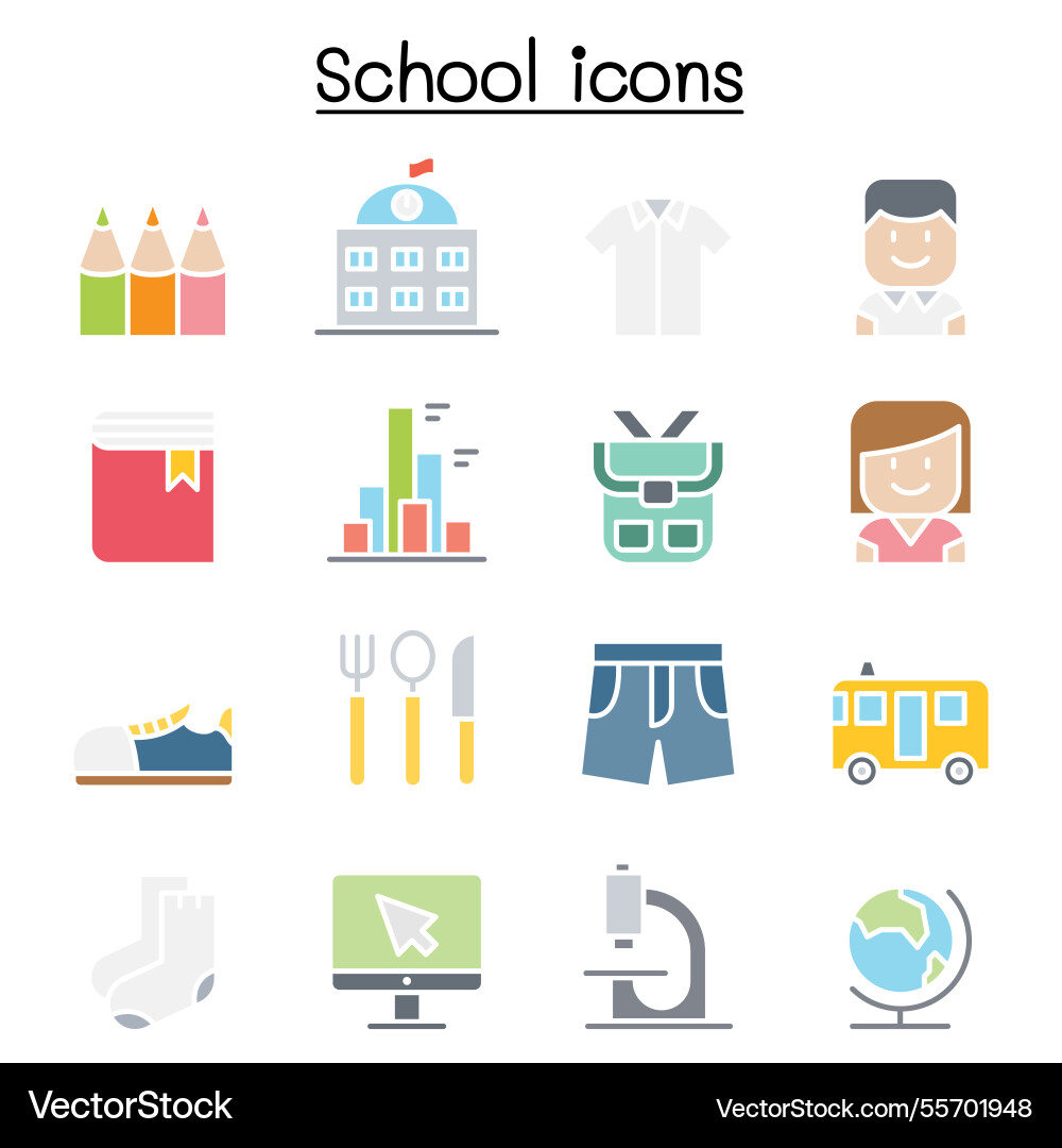 School and education icon set in flat color style School and education icon set in flat color style Vector Image