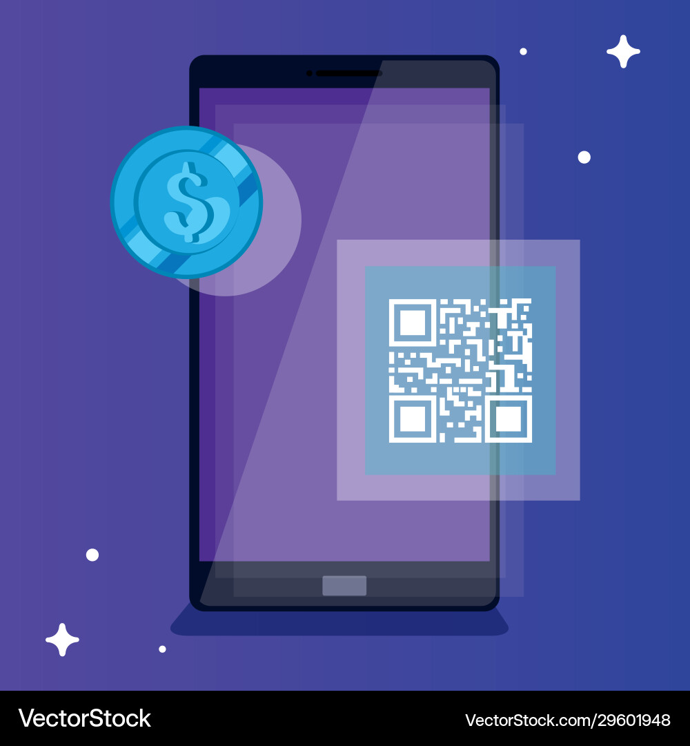 Smartphone with scan code qr and coin Smartphone with scan code qr and coin vector image