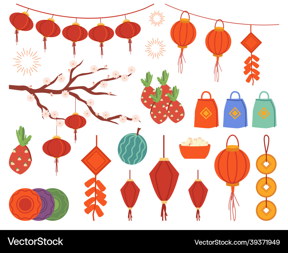 Chinese new year decorations lantern lamps set Chinese new year decorations lantern lamps set vector image