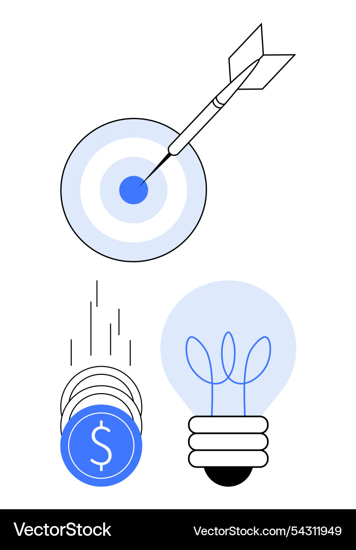 Dart hitting target falling coins and lightbulb Dart hitting target falling coins and lightbulb vector image