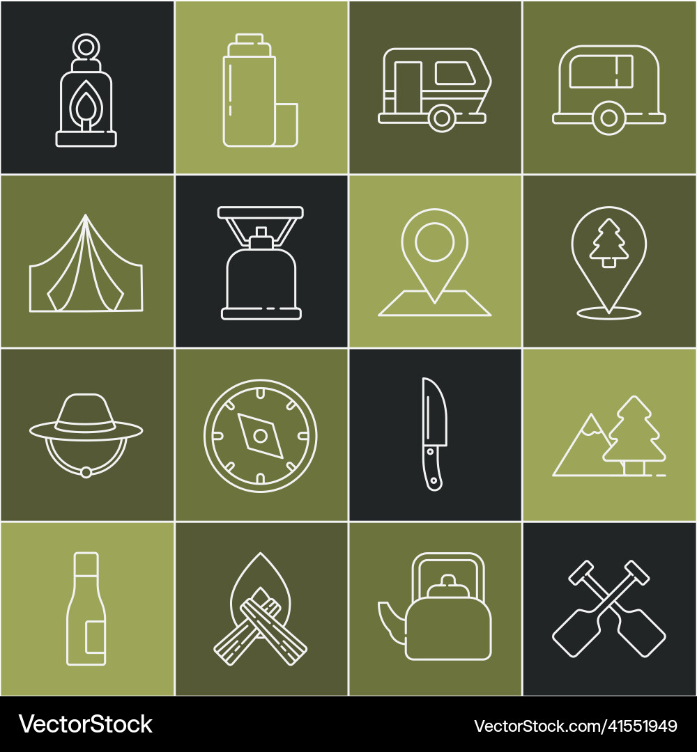 Set line paddle mountains with tree location vector image