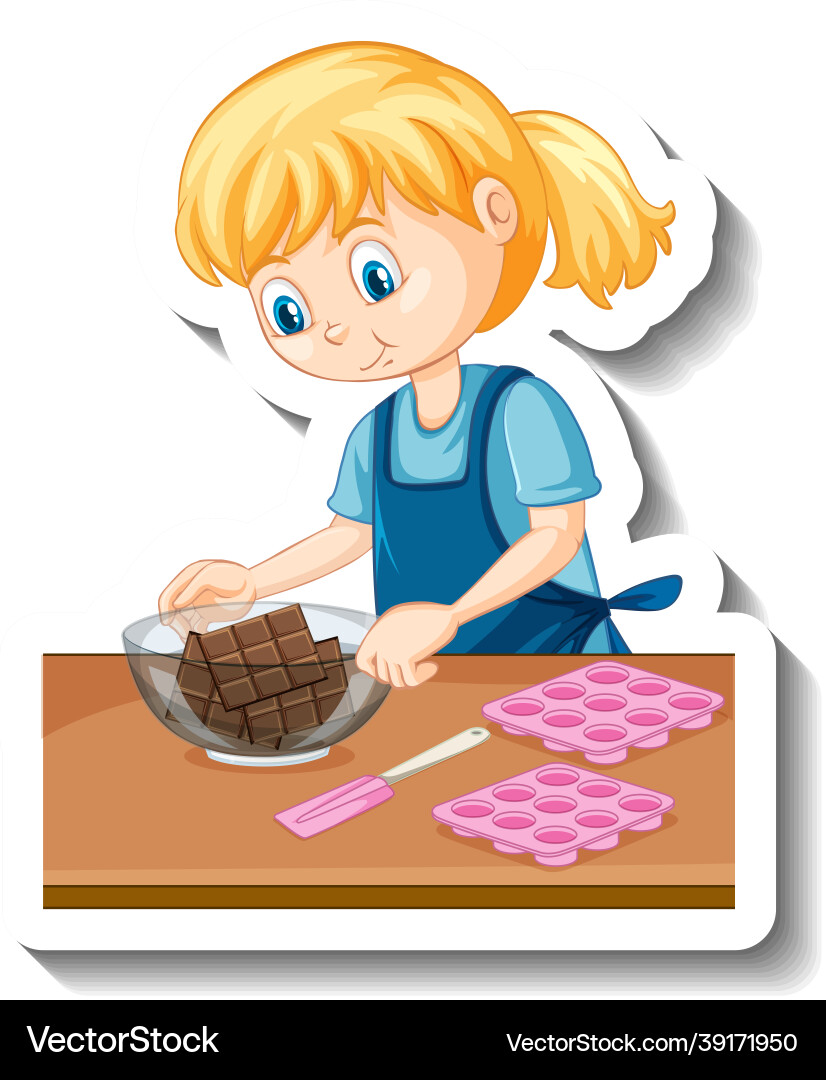 A girl with chocolate in bowl cartoon sticker A girl with chocolate in bowl cartoon sticker vector image