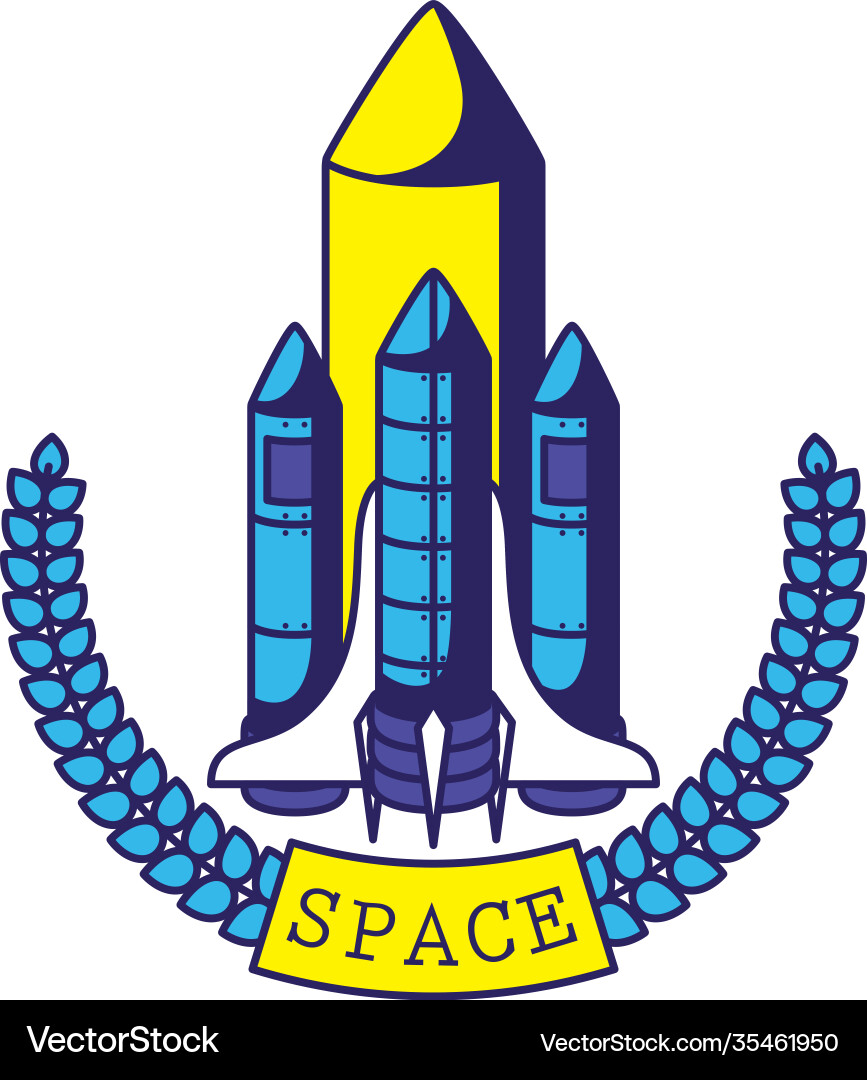 Badge with spaceship in it and space lettering Badge with spaceship in it and space lettering Vector Image