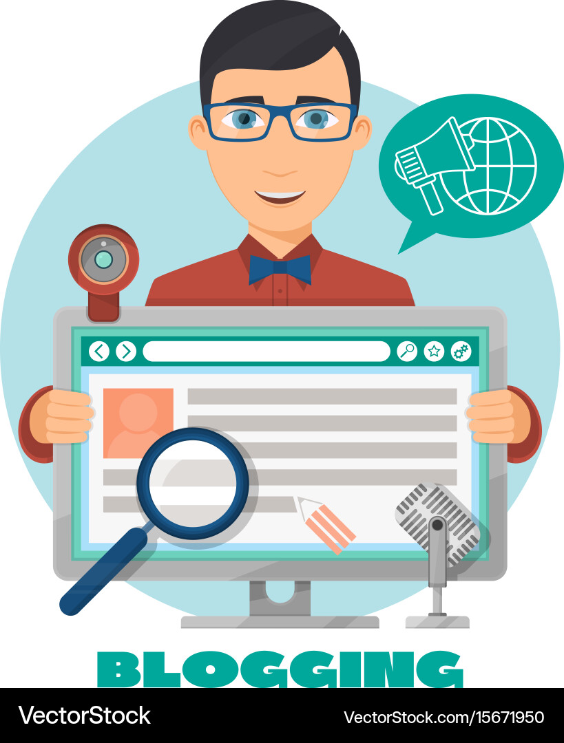 Flat composition with male blogger and computer vector image