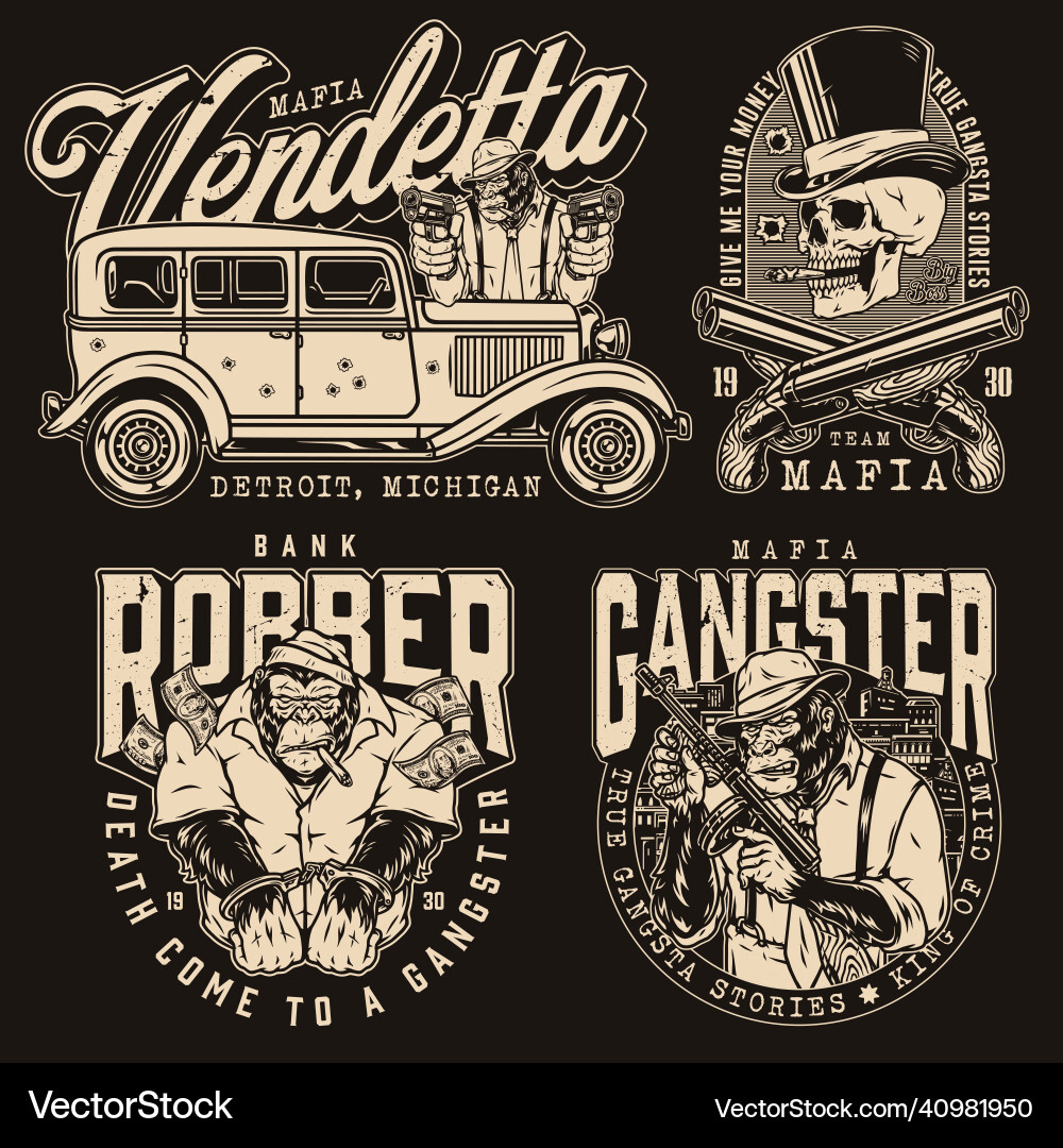 Mafia monochrome emblems set with criminals Mafia monochrome emblems set with criminals vector image