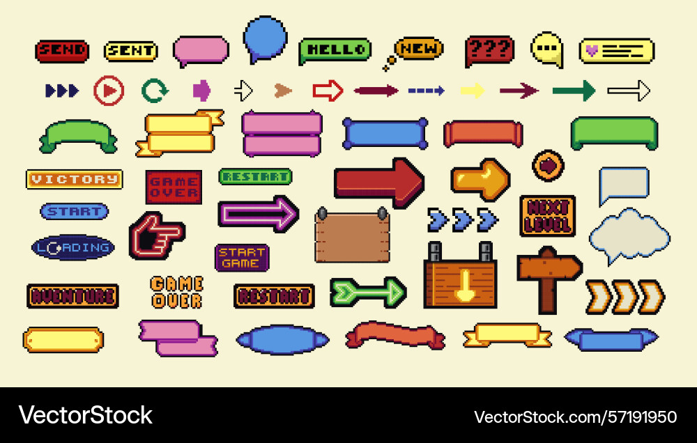 Pixel art frames retro 8 bit buttons arrows Pixel art frames retro 8 bit buttons arrows vector image