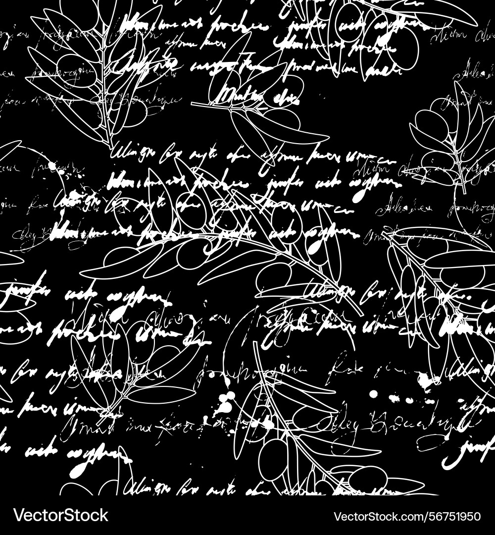 Seamless pattern olives branch unreadable text vector image