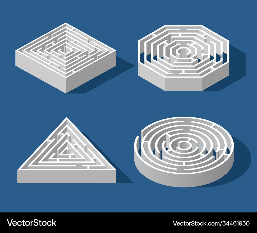 Set labyrinth isometric game and maze fun puzzle Set labyrinth isometric game and maze fun puzzle Vector Image
